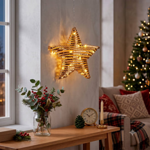 Estrella navideña led dorada para colgar con 20 microled blanco cálido, con temporizador 30x8x30 cm
