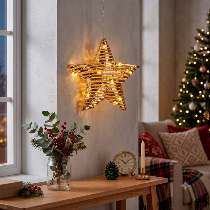 Estrella navideña led dorada para colgar con 20 microled blanco cálido, con temporizador 30x8x30 cm