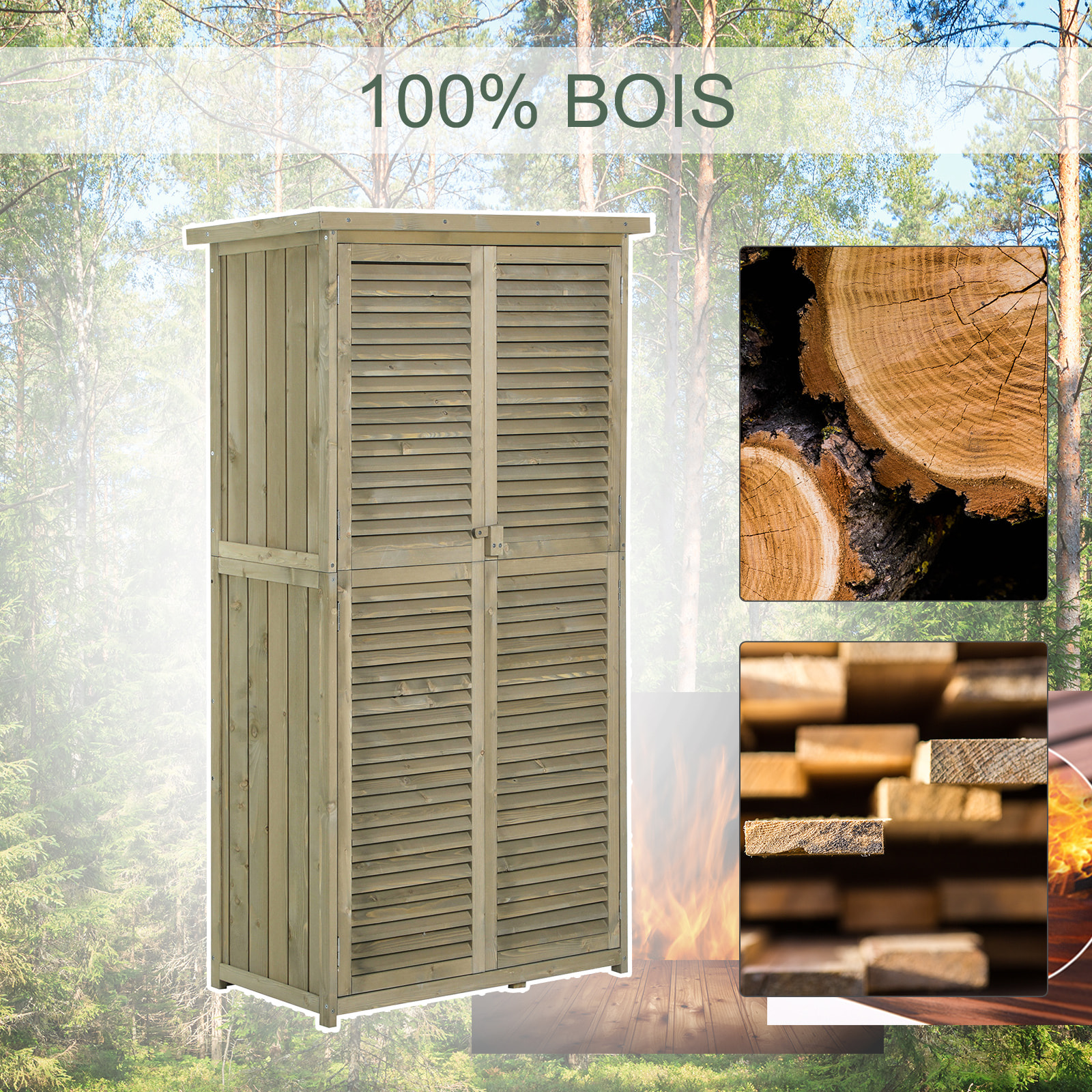 Armoire de jardin portes persiennes 2 étagères bois pin