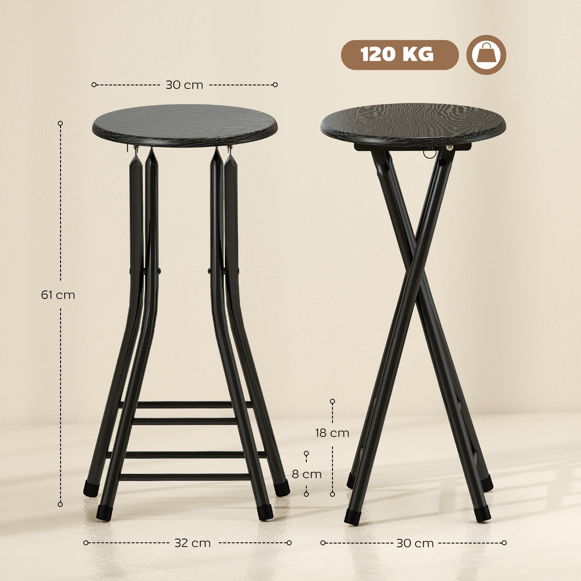 Lot de 2 tabourets de bar pliables assise ronde effet bois