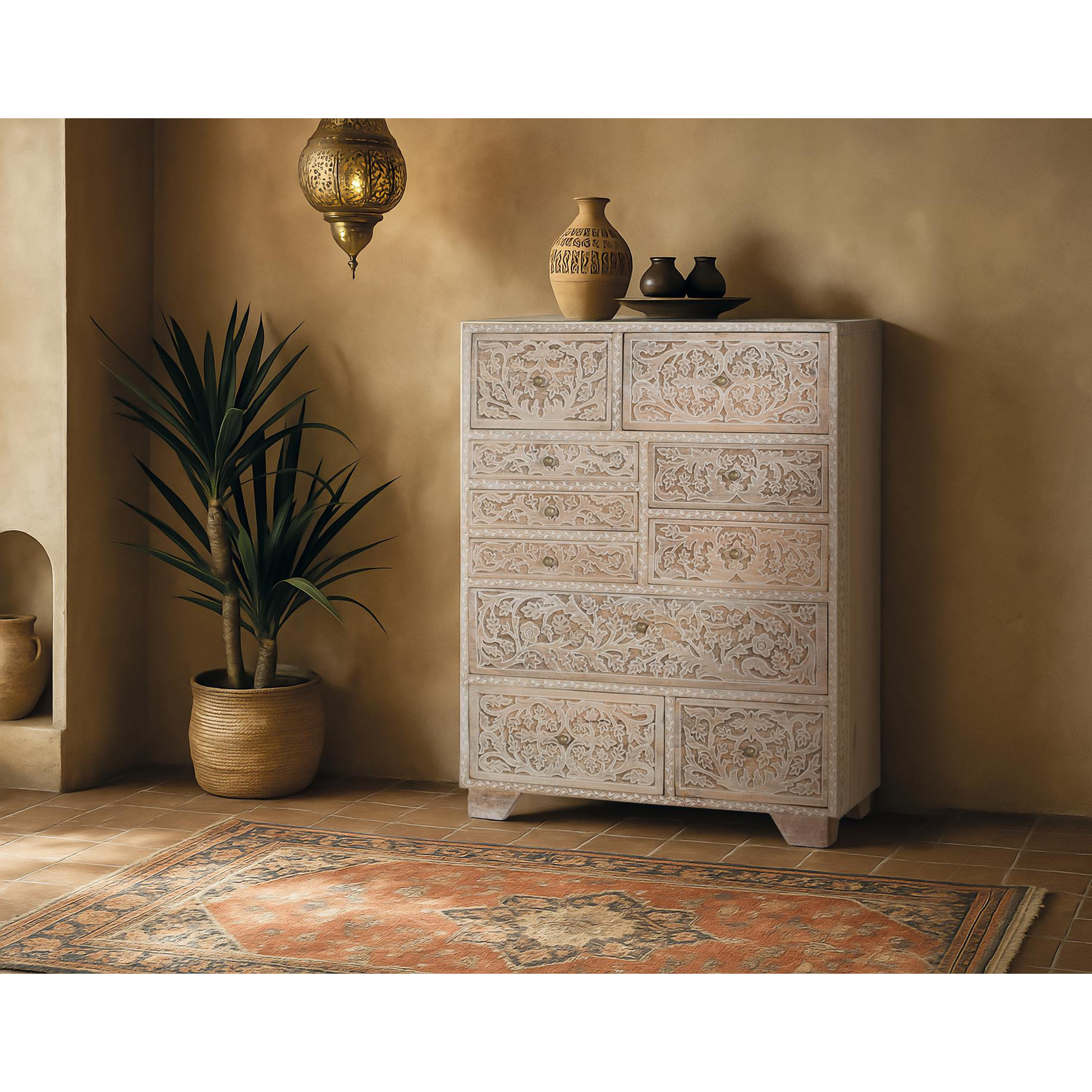 Cómoda de Madera de Mango 70 Cm Estilo Mediterráneo Colonial Moderno