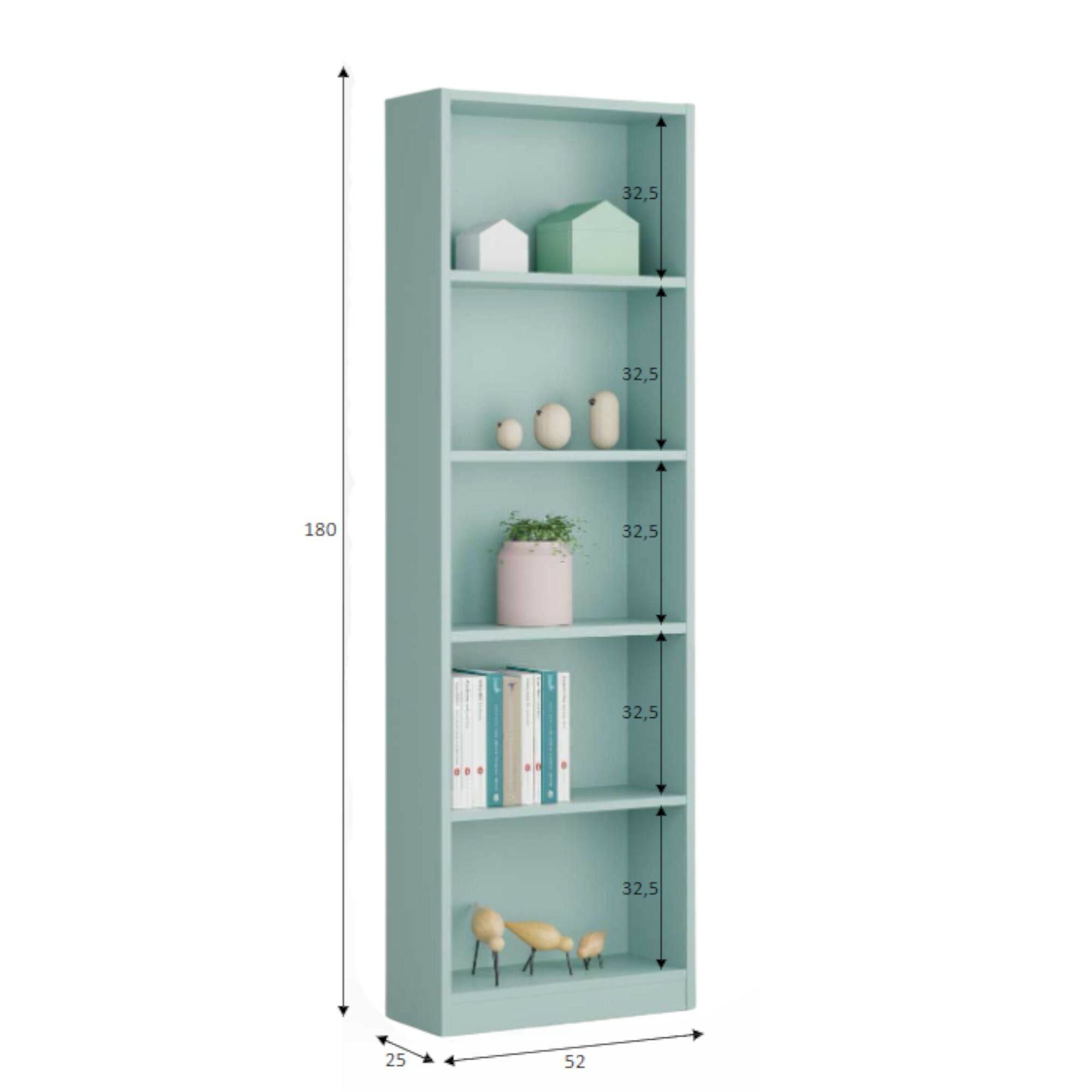 Libreria Pomona, Mobile portalibri alta a 5 ripiani, Scaffale da ufficio o cameretta, Scaffale moderno con scomparti, cm 52x25h80, Verde acqua