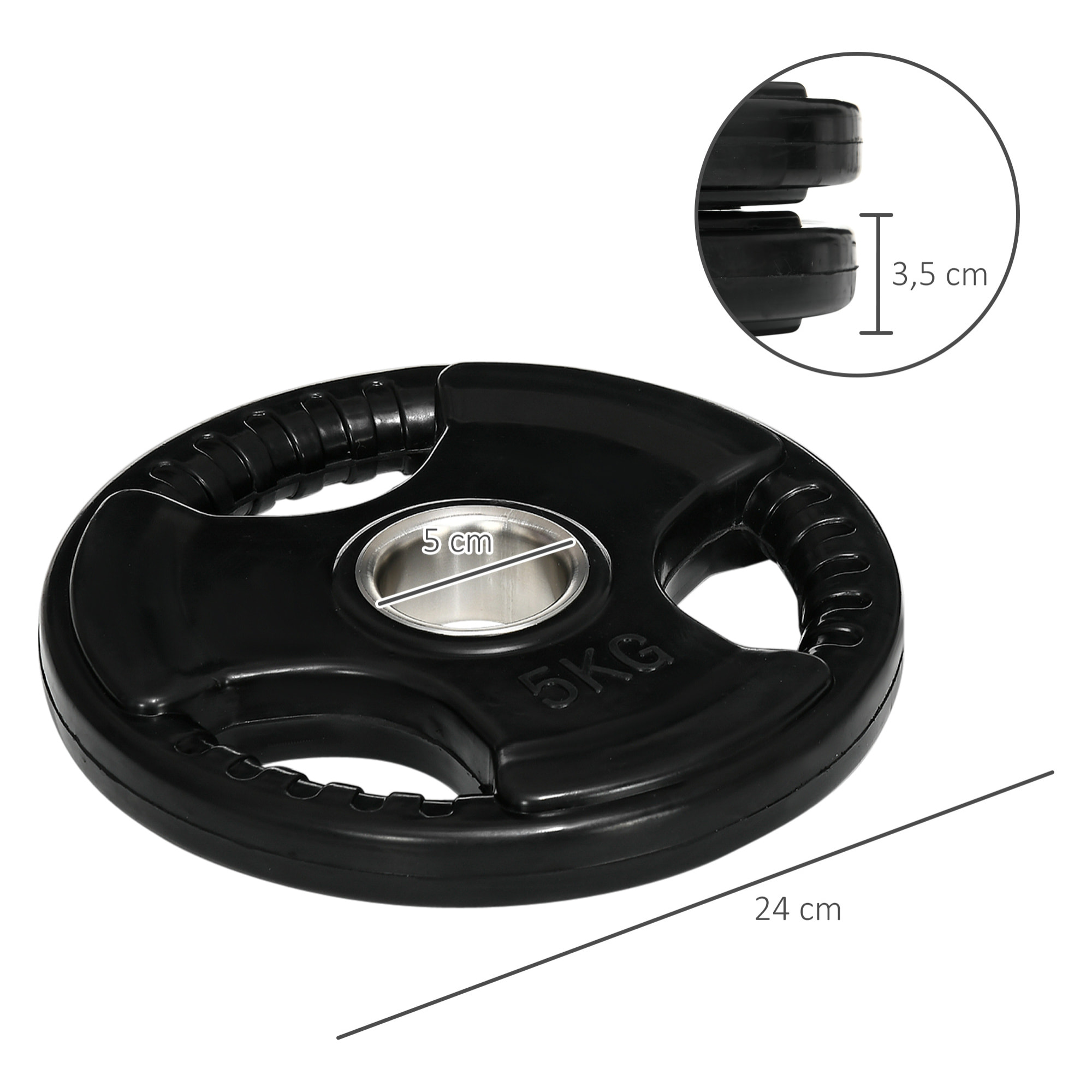 Disques de poids 2 x 5Kg - 3 poignées - trous dia.50mm - noir