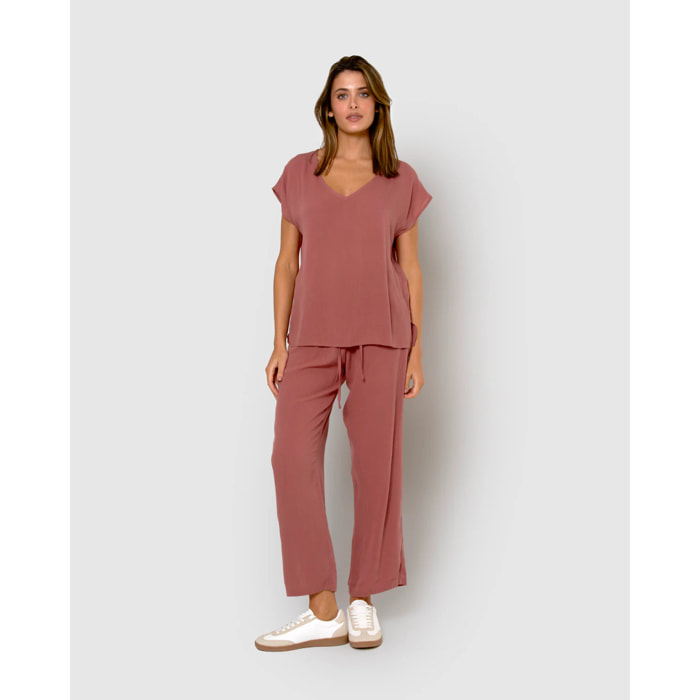 Camisa mujer bambula detalles plisados rosa