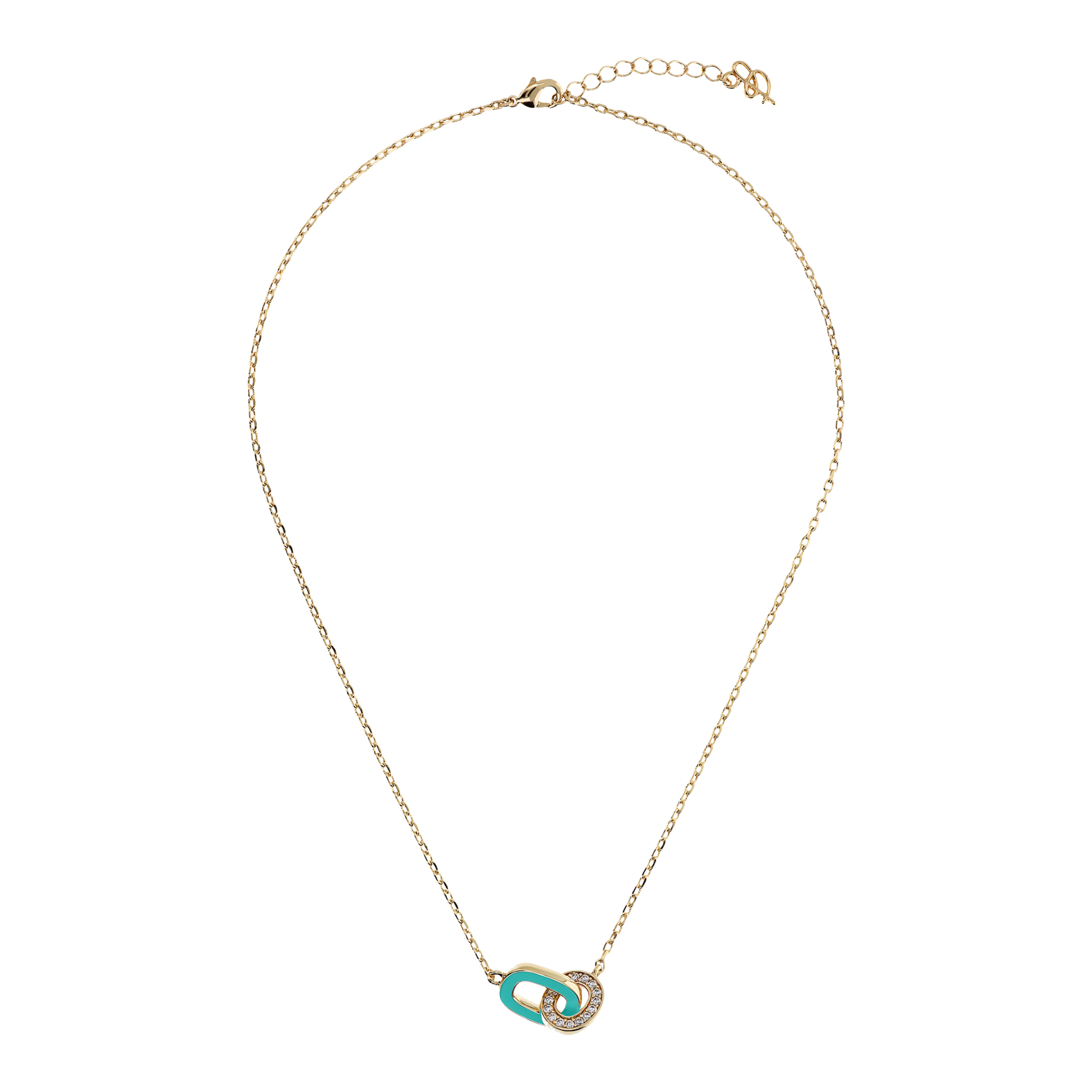 Collana Golden Catena Forzatina con Doppia Maglia Smaltata Turchese e in Pavé di Cubic Zirconia