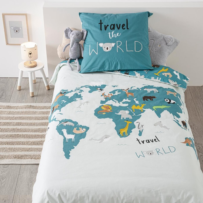 Parure de lit enfant "Carte du monde" - coton 140x200 cm