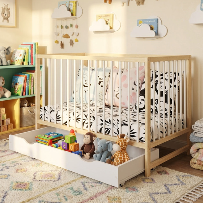 Lit Bébé Évolutif Mathis 60x120 cm, avec Tiroir de Rangement, Sommier Réglable 3 Hauteurs, Barreaux Amovibles, Couleur Bois Naturel et Blanc