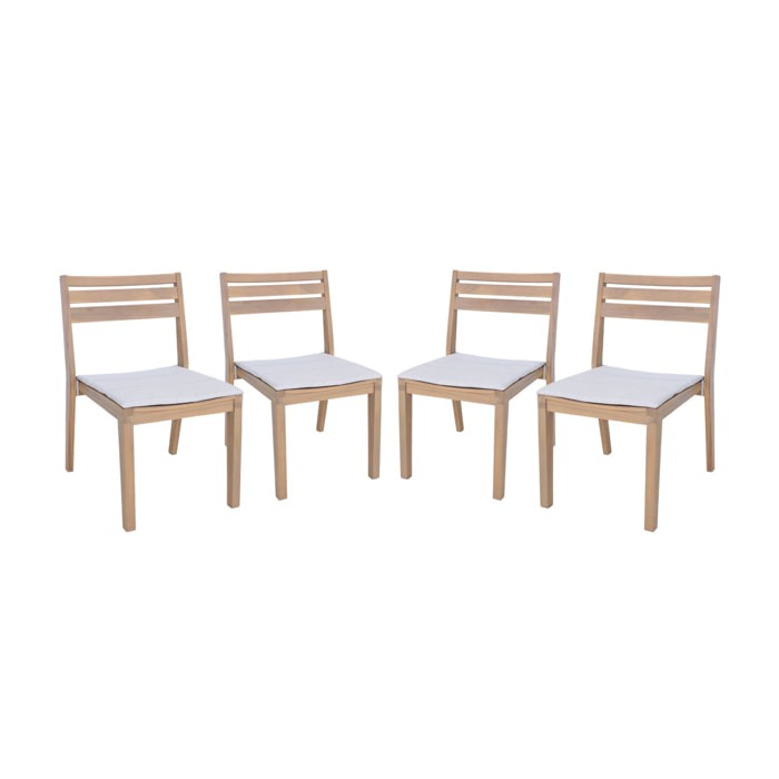 Lot de 4 chaises de jardin beige MERINA bois d'acacia avec coussin. 52 x 55 x 81 cm