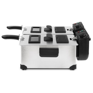 H.Koenig Freidora Doble cubeta de acero inoxidable DFX600, 2 termostatos independientes de 3L cada uno, Cestas extraíbles aptas para lavavajillas