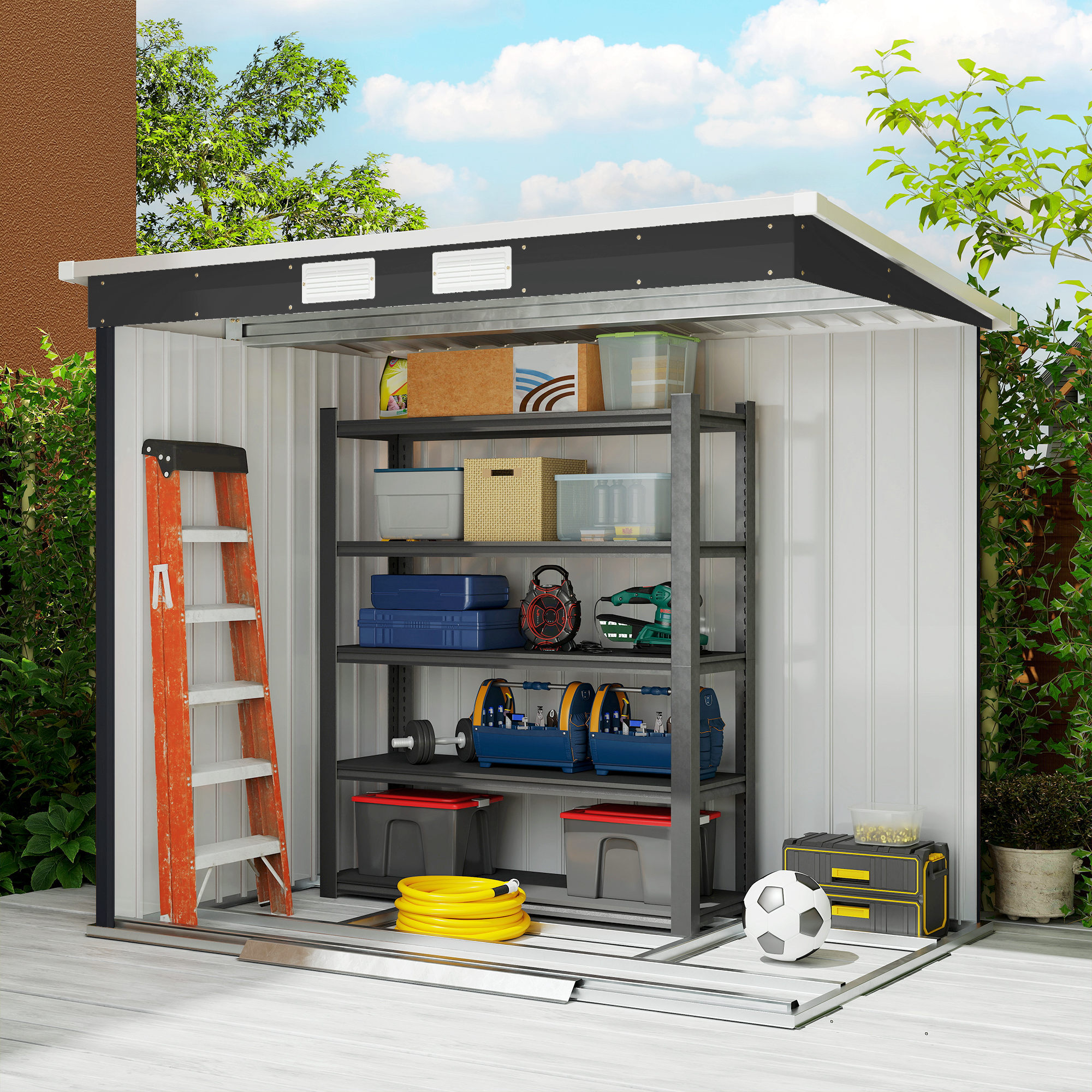 Caseta de Jardín Exterior 2,4 m², 213x130x172 cm, Cobertizo de Jardín Exterior Metálico con Puerta Corredera, Techo Inclinado, Base Refuerzo (Suelo NO Incluido) y 2 Ventanas, Gris Oscuro