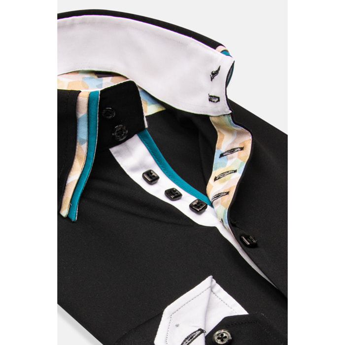 Camicia Uomo 2 Bottoni Button Down Triplo Collo Slim Satin Unito Nero