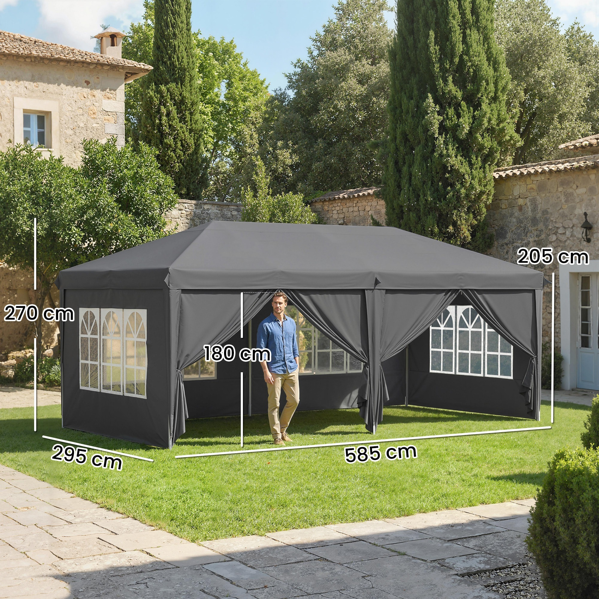 Tonnelle barnum pliant pop-up imperméabilisé 5,85L x 2,95l x 2,7H m 6 parois latérales amovibles 4 fenêtres + sac de transport anthracite