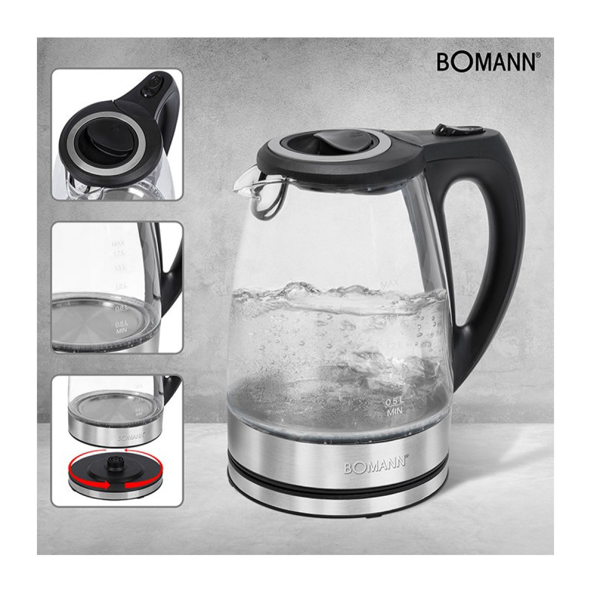 Bouilloire électrique en verre 1,5L 2200W Bomann WKS 6032 G CB