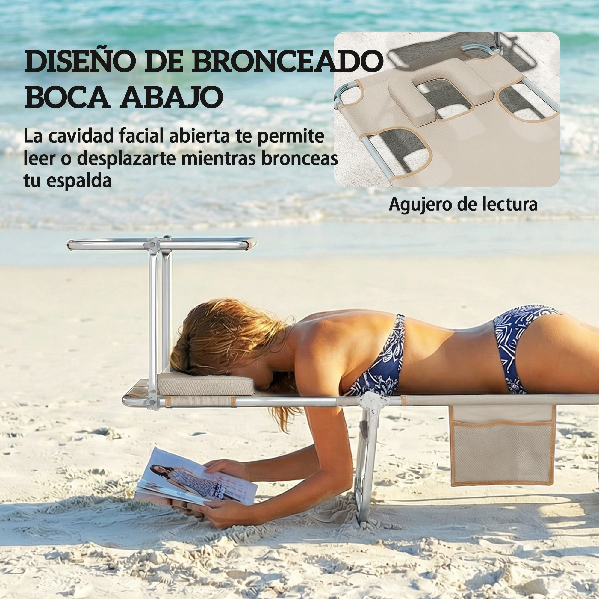 Set de 2 Tumbonas Jardín Exterior, Tumbonas Plegables con Reposacabezas, Dosel 360°, Orificio Facial, Bolsillo Lateral, Respaldo Reclinable 5 Posiciones y Textilene 550 g/m² para Playa, Beige