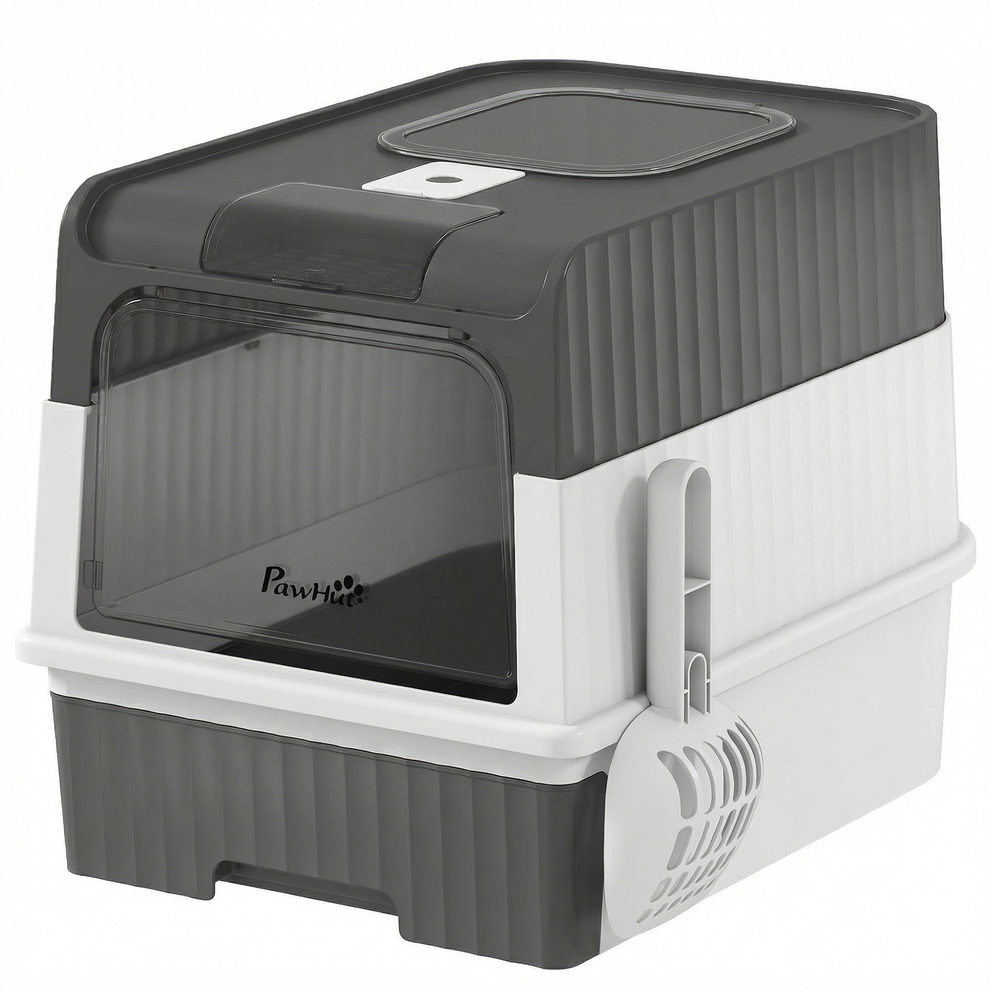 Maison de toilette chat - couvercle, trappe, plateau coulissant, accessoires - blanc gris