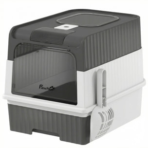 Maison de toilette chat - couvercle, trappe, plateau coulissant, accessoires - blanc gris
