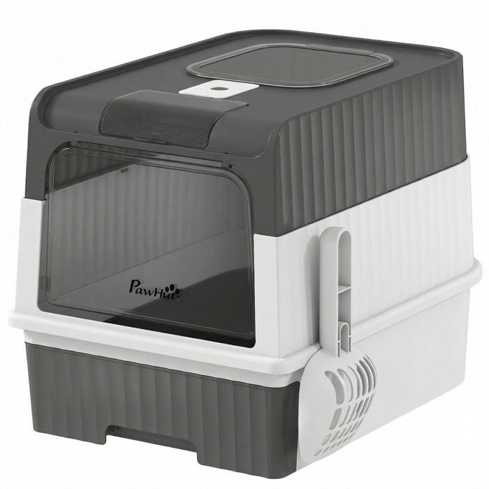 Maison de toilette chat - couvercle, trappe, plateau coulissant, accessoires - blanc gris