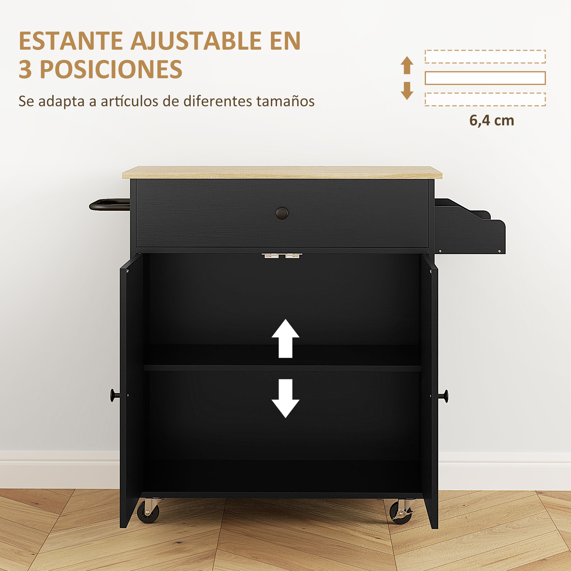 Isla de Cocina con Ala Abatible Carrito de Cocina Mueble Auxiliar de Cocina con Ruedas 2 Puertas Cajón Especiero Toallero y Estante Ajustable 106x42x87 cm Negro y Roble