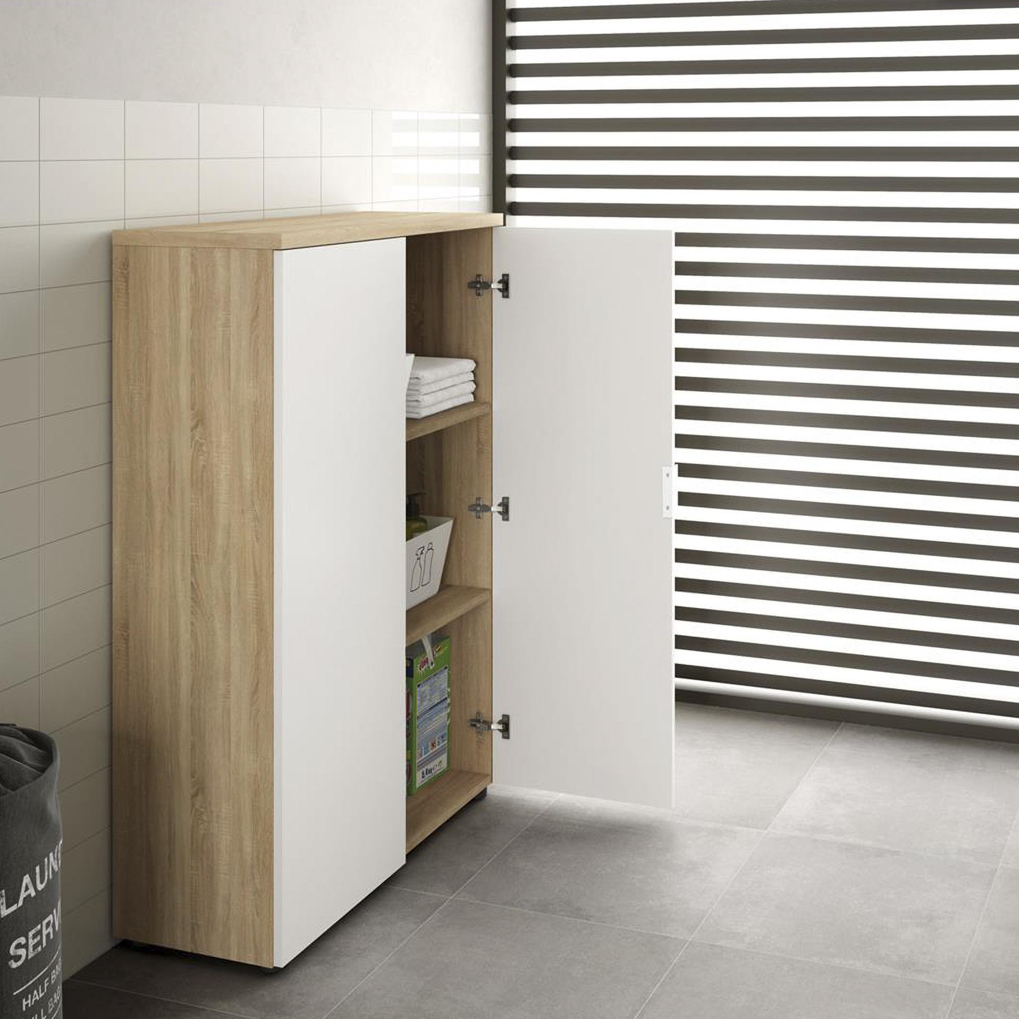 Armadio multiuso Plano, Mobile multiuso a 2 ante, Armadio portascarpe con 3 ripiani, Scarpiera moderna, cm 80x33h119, Rovere e Bianco