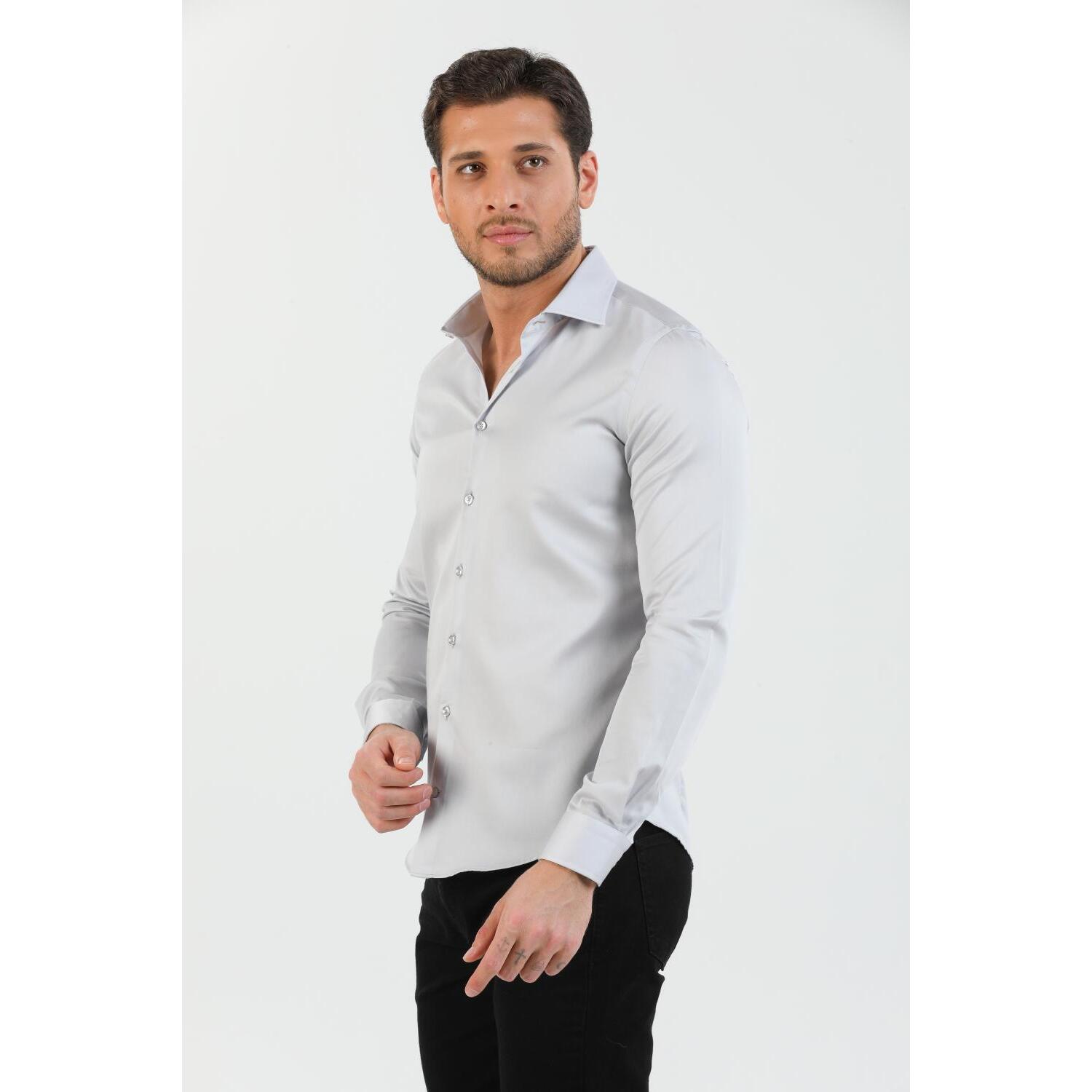 Camicia Uomo 1 Bottone Francese Slim Popeline Stretch Unito Grigio