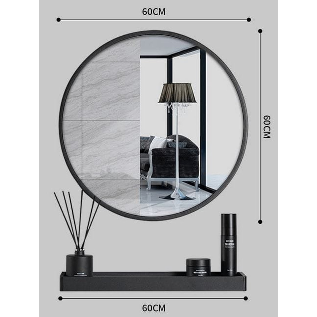 Specchio rotondo nero con mensola e portasciugamani 60cm