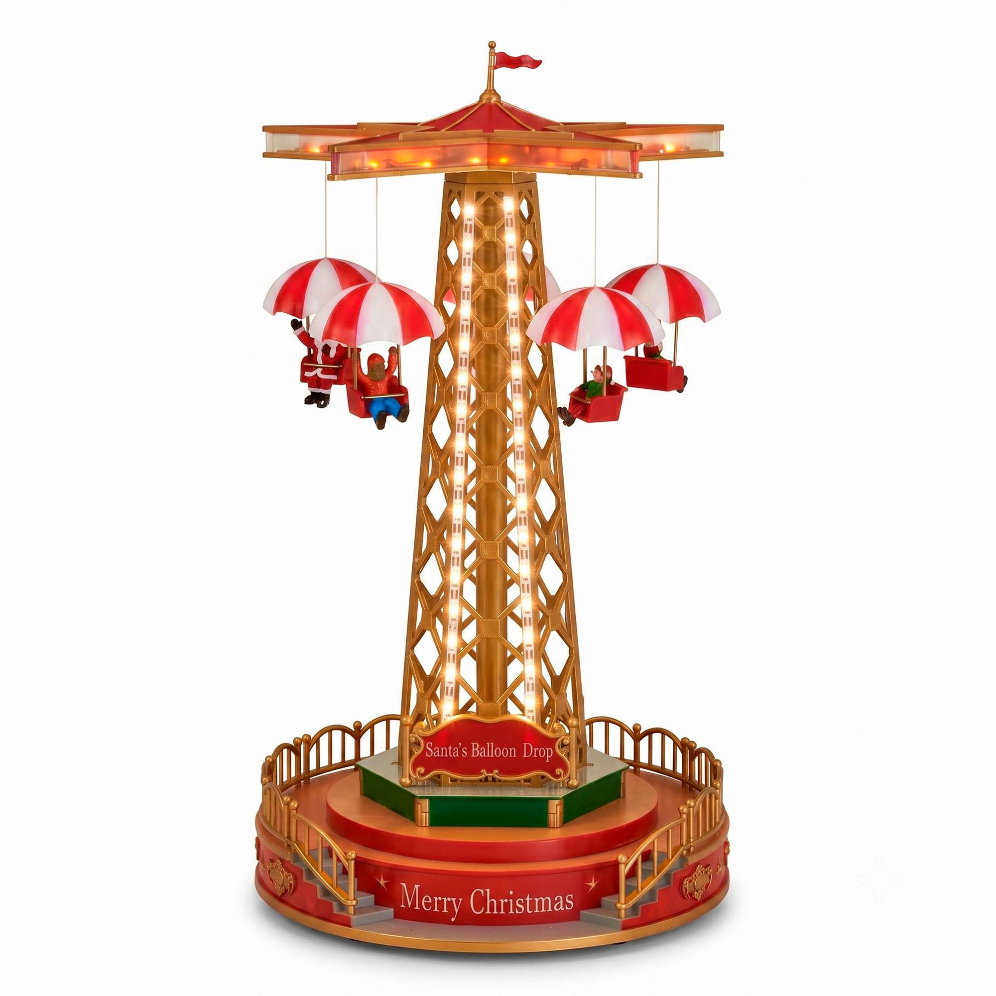 Carrusel navideño papá noel con globos, movimiento giratorio, música y luces led, funciona con pilas, decoración de navidad 24,5x24,5x44,5cm