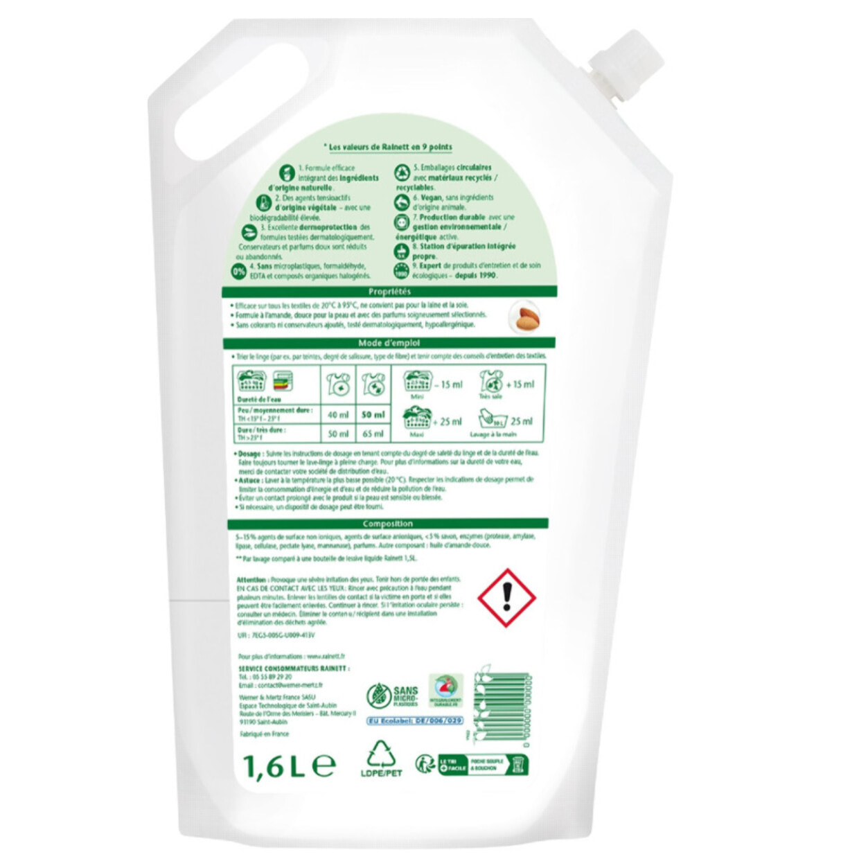 Pack de 5 - Rainett - Lessive Liquide Peaux Sensibles Ecolabel Amande 1,6l - Recharge 32 lavages