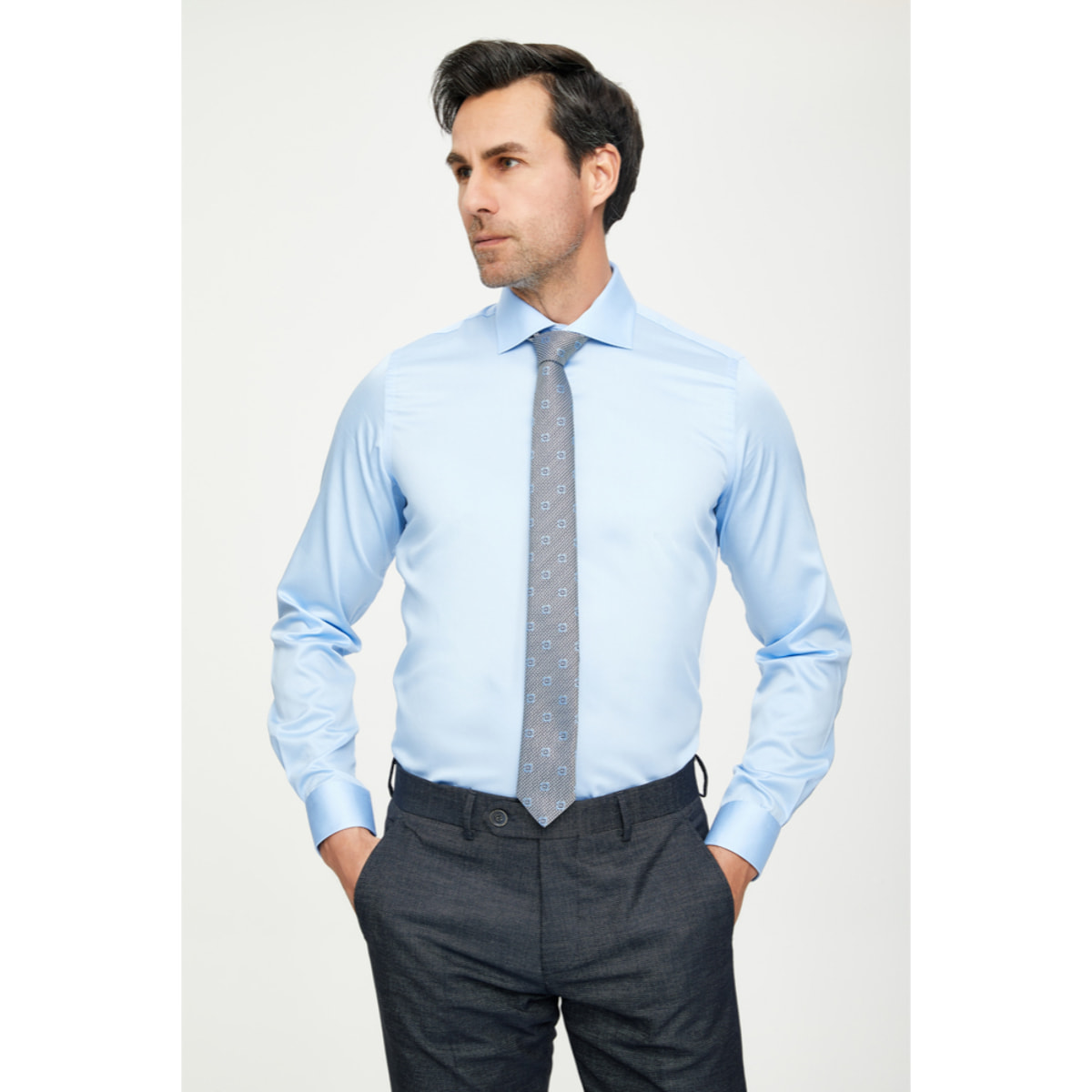 Camicia Uomo 1 Bottone Francese Slim Satin Unito Celeste