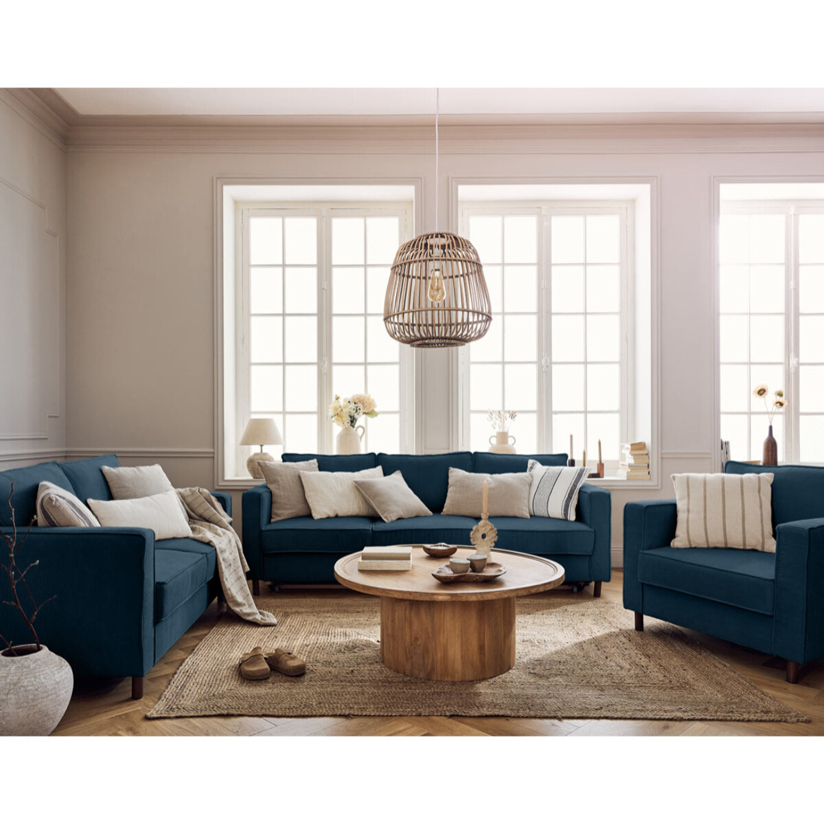 Jake - fauteuil en velours côtelé - pieds bois foncé - Bleu Ardoise