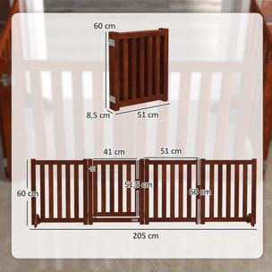 Barrera de Seguridad para Perros Plegable para Escaleras y Puertas Valla para Perros Pequeños de 4 Paneles con Soporte de Pie para Interiores 205x30x60 cm Marrón