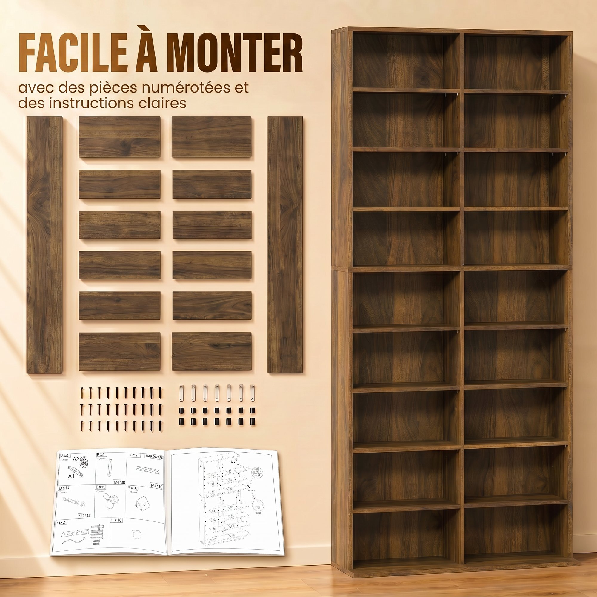 Étagère pour CD et DVD - 18 compartiments, 14 étagères réglables - 78,5x24x175cm - noyer