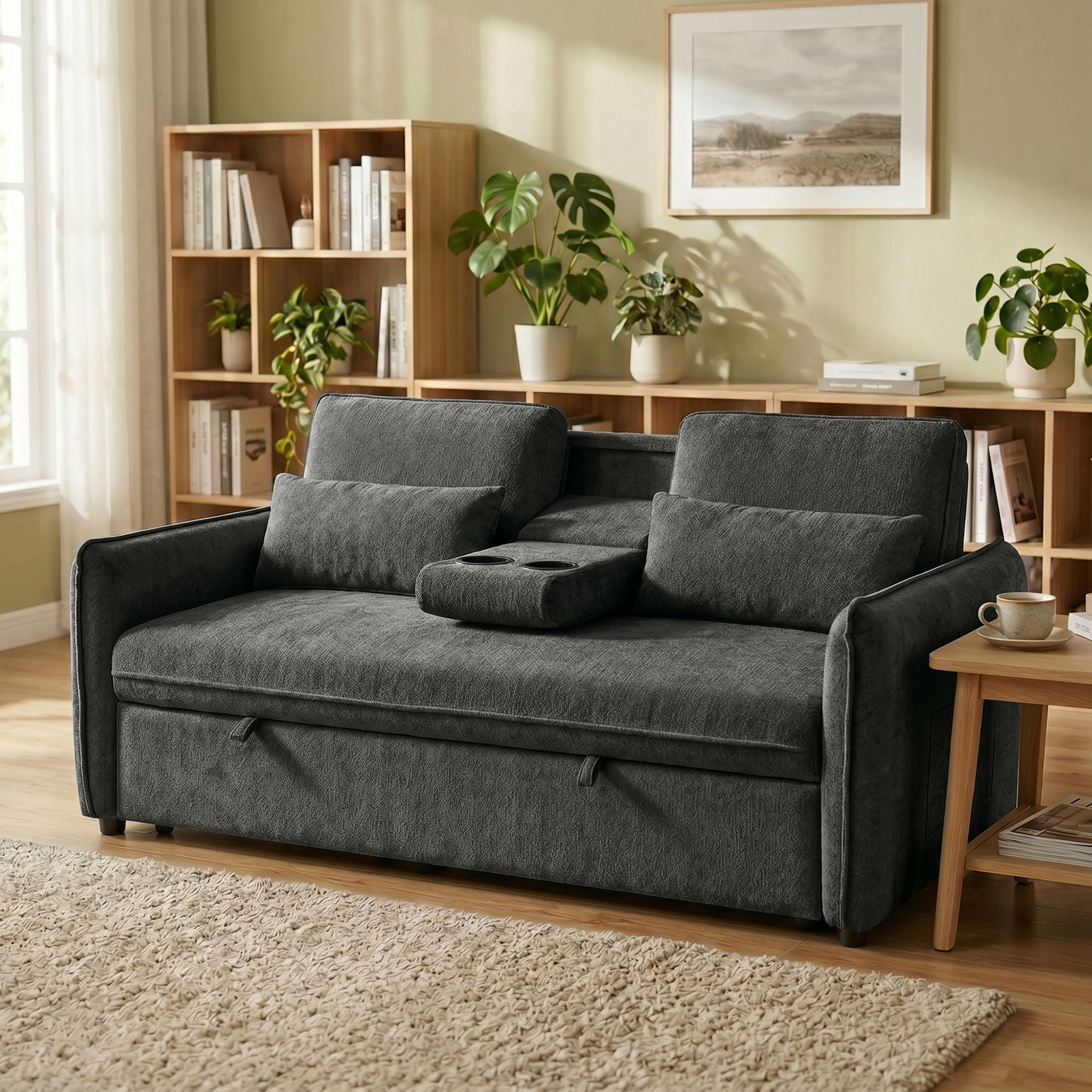 Sofá Cama 2 Plazas 3 en 1, Sofá Cama de Chenilla con Mesa Auxiliar, Portavasos, Respaldo Ajustable, Bolsillos Laterales, 2 Almohadas para Sala de Estar, Espacios Pequeños, Gris Oscuro