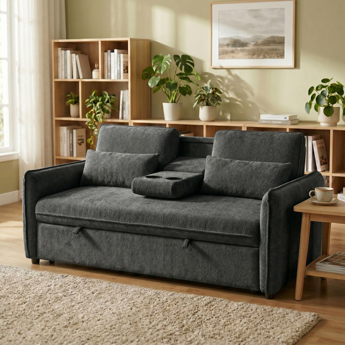 Sofá Cama 2 Plazas 3 en 1, Sofá Cama de Chenilla con Mesa Auxiliar, Portavasos, Respaldo Ajustable, Bolsillos Laterales, 2 Almohadas para Sala de Estar, Espacios Pequeños, Gris Oscuro