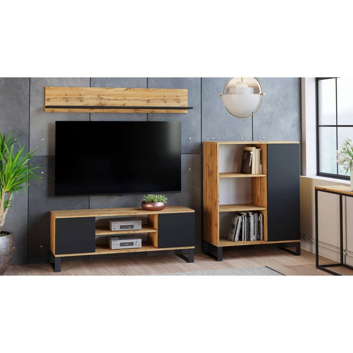 Mobile porta tv con 2 ante e 1 ripiano centrale, Credenza con piedini in metallo, Buffet da soggiorno in stile industrial, cm 155x40h49, colore Acero e Nero