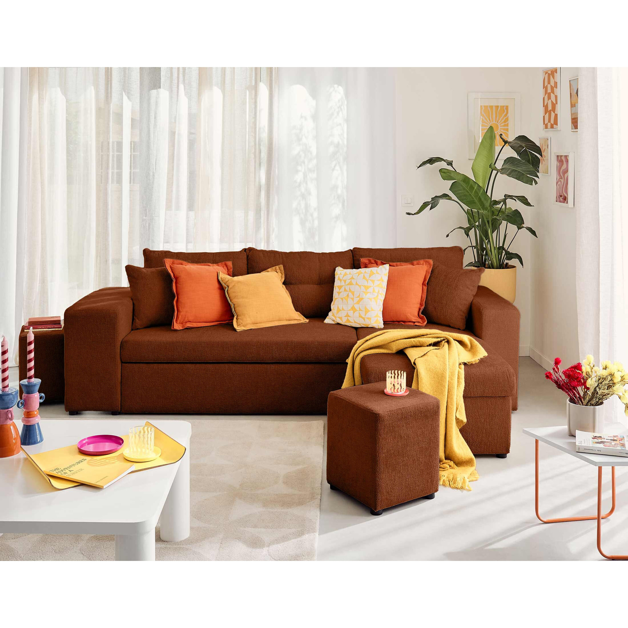 California - canapé d'angle réversible 4 places - convertible avec coffre, étagère et poufs - en velours texturé - Terracotta