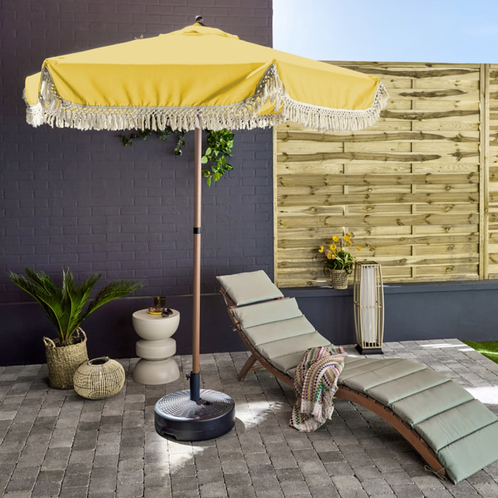 Parasol HOSSEGOR droit à franges 2m. ocre. acier. mât effet bois. UPF 30+. D 200 x H 225 cm