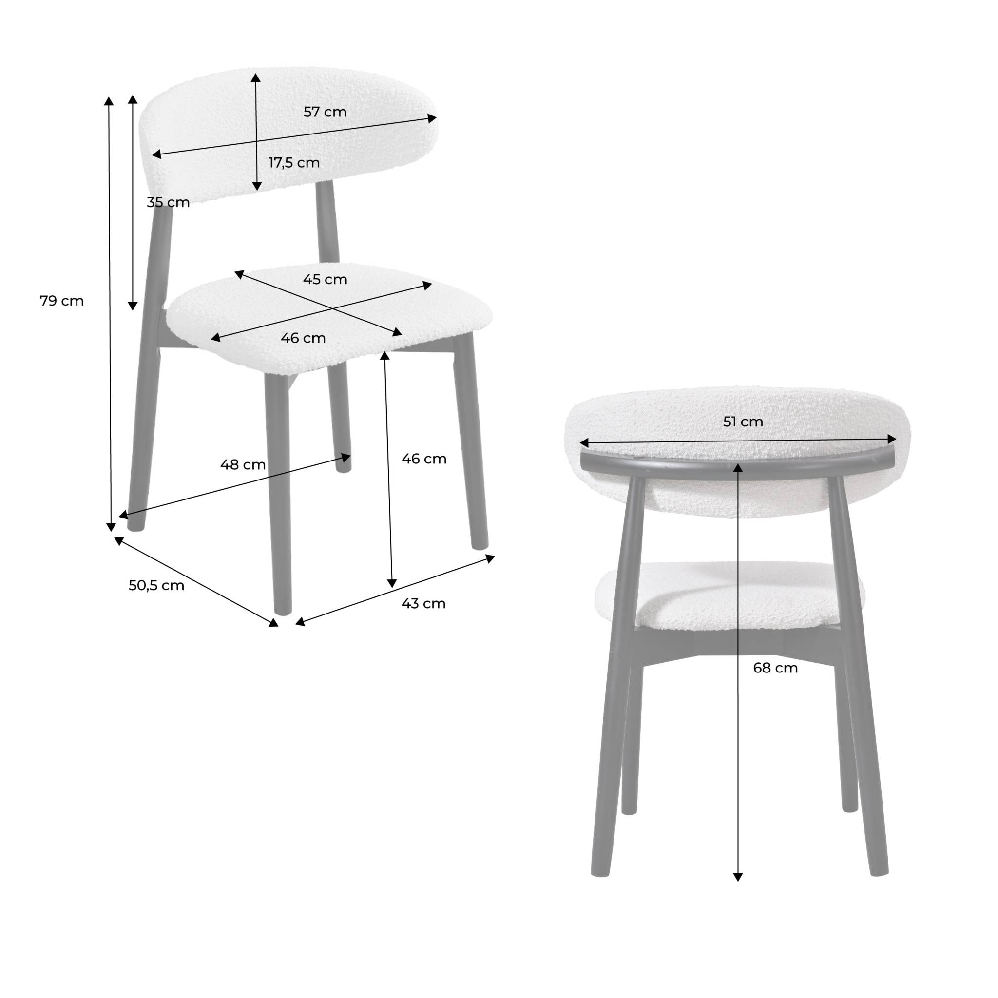 Lot de 2 chaises en bois d'hévéa noir et tissu bouclette blanc crème