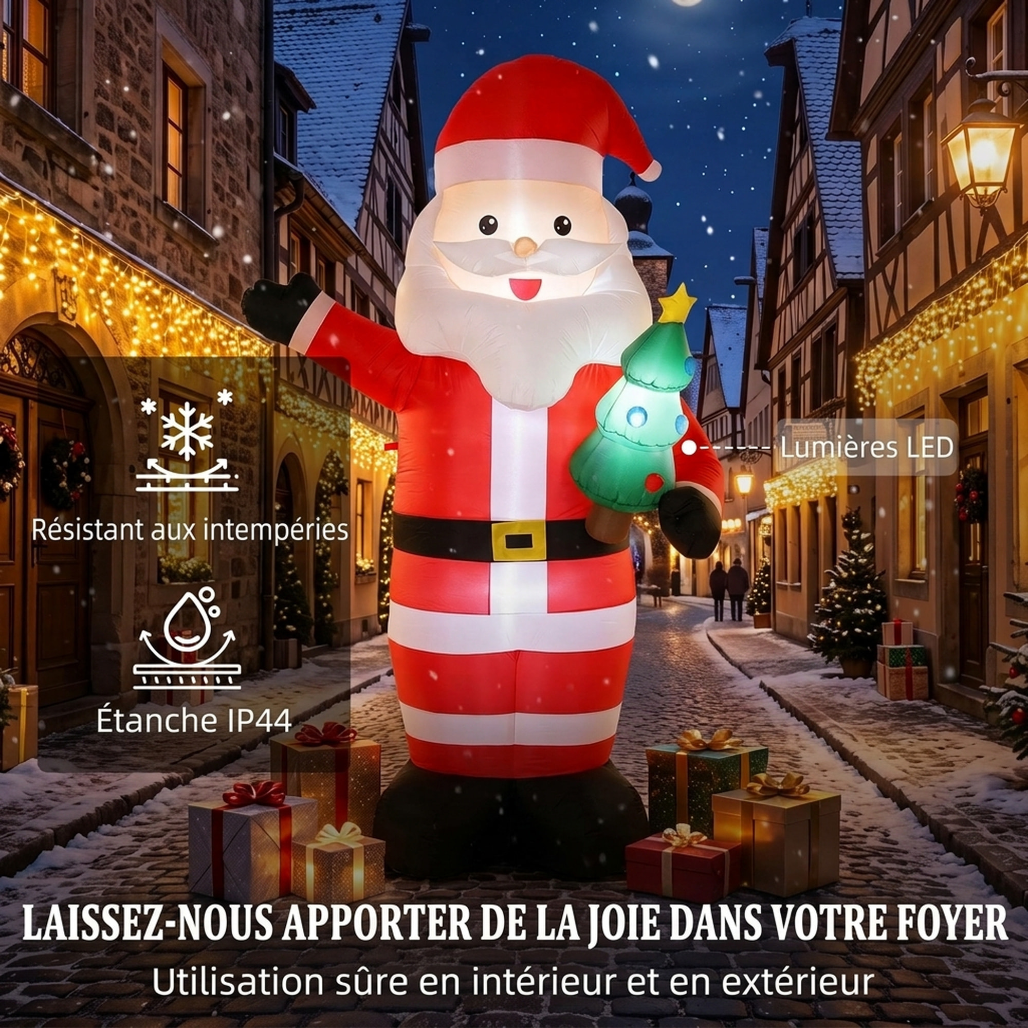 Père Noël gonflable LED 2,4H m avec mini sapin polyester imperméable rouge