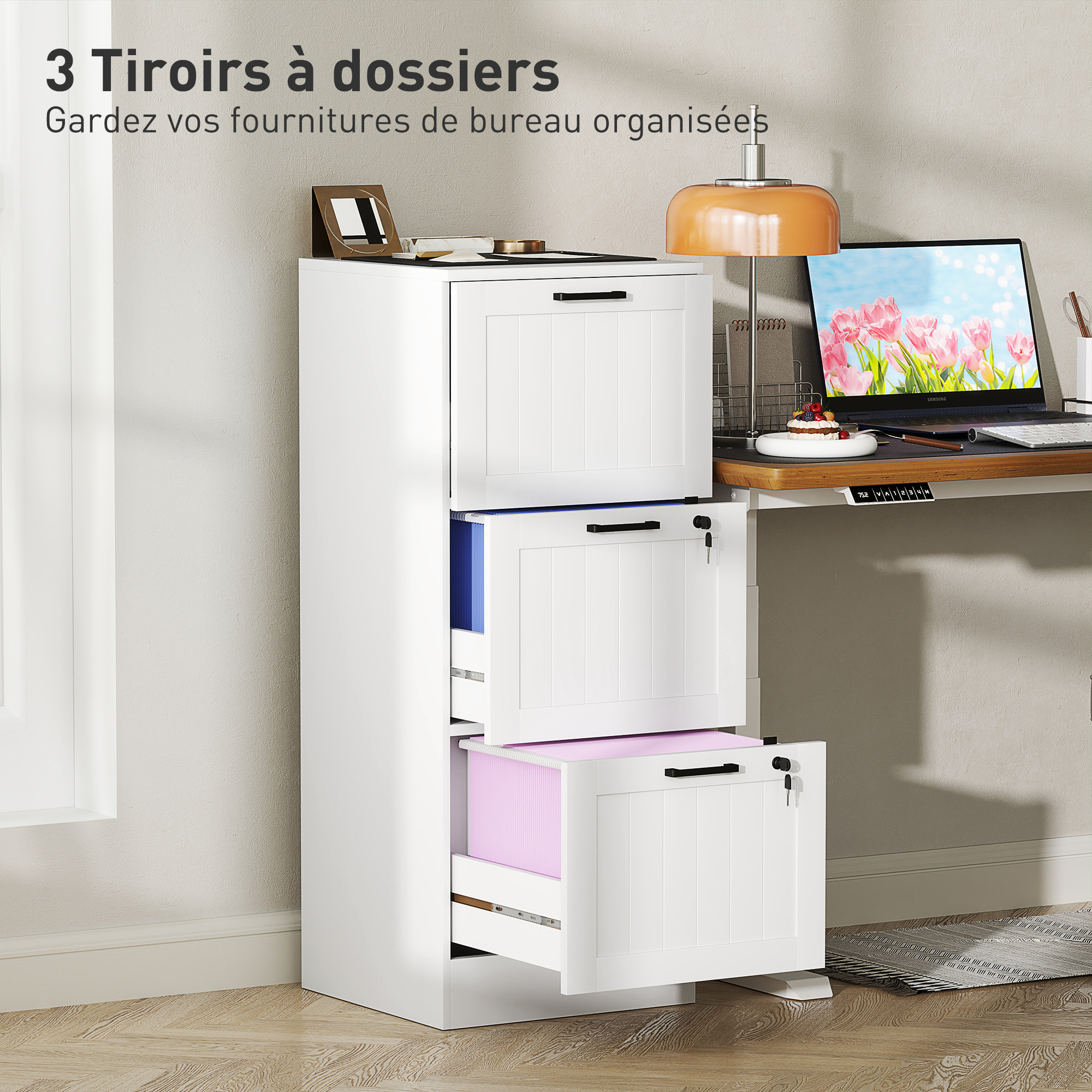 Caisson bureau 2+1 tiroir verrouillable dossiers suspendus dim. 40x40x101cm MDF blanc