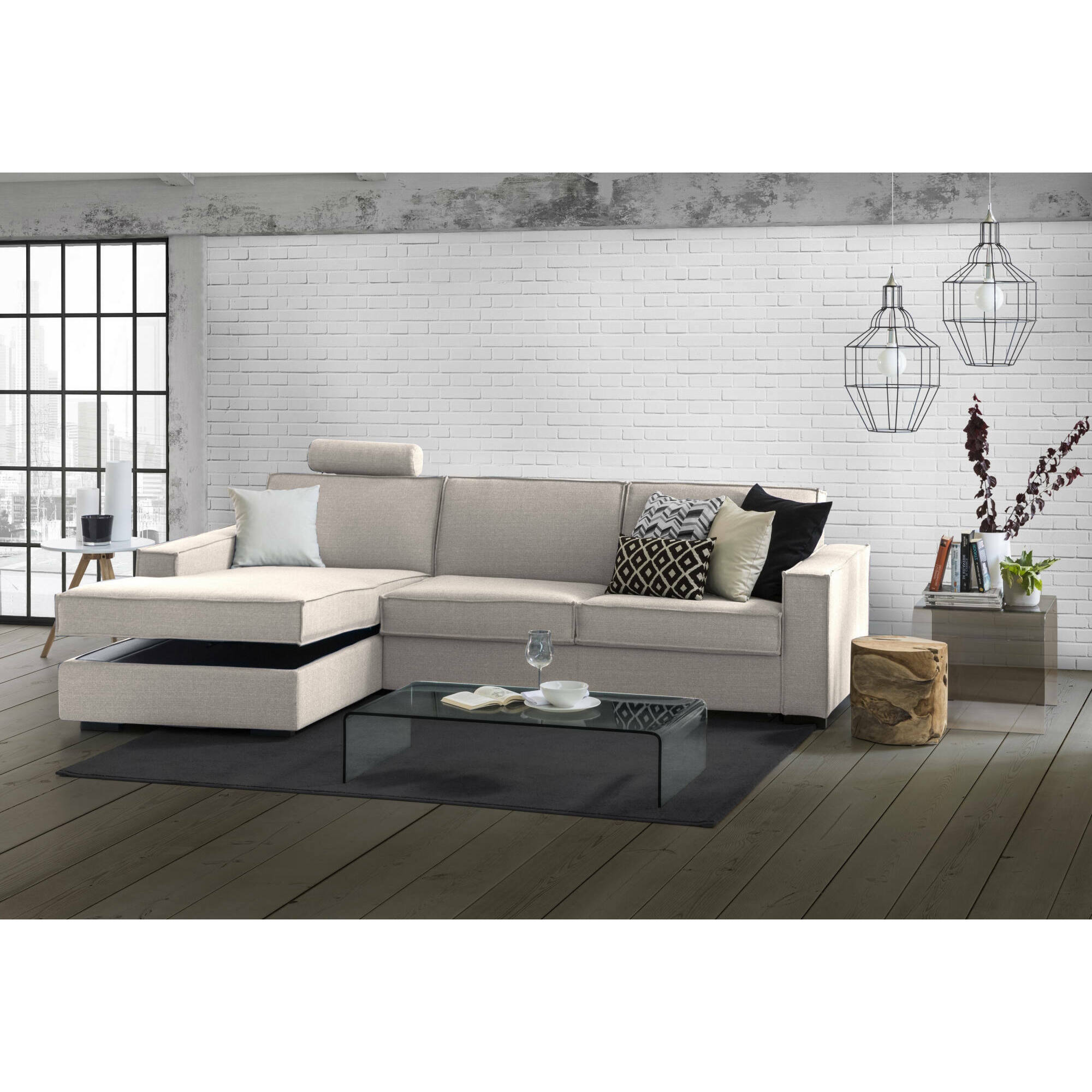 Divano letto con penisola Albenga, Sofà apertura girevole, Penisola contenitore Sinistra, Braccioli slim, 100% Made in Italy, Cm 260x95h90, Tortora