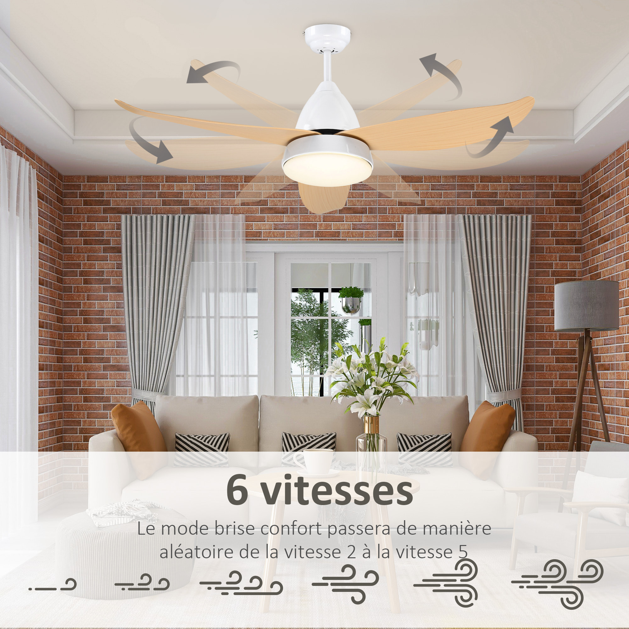 Ventilateur de plafond plafonnier 2 en 1 réversible - 3 pales, 6 vitesses, timer - télécommande, kit installation inclus - métal blanc ABS aspect bois clair