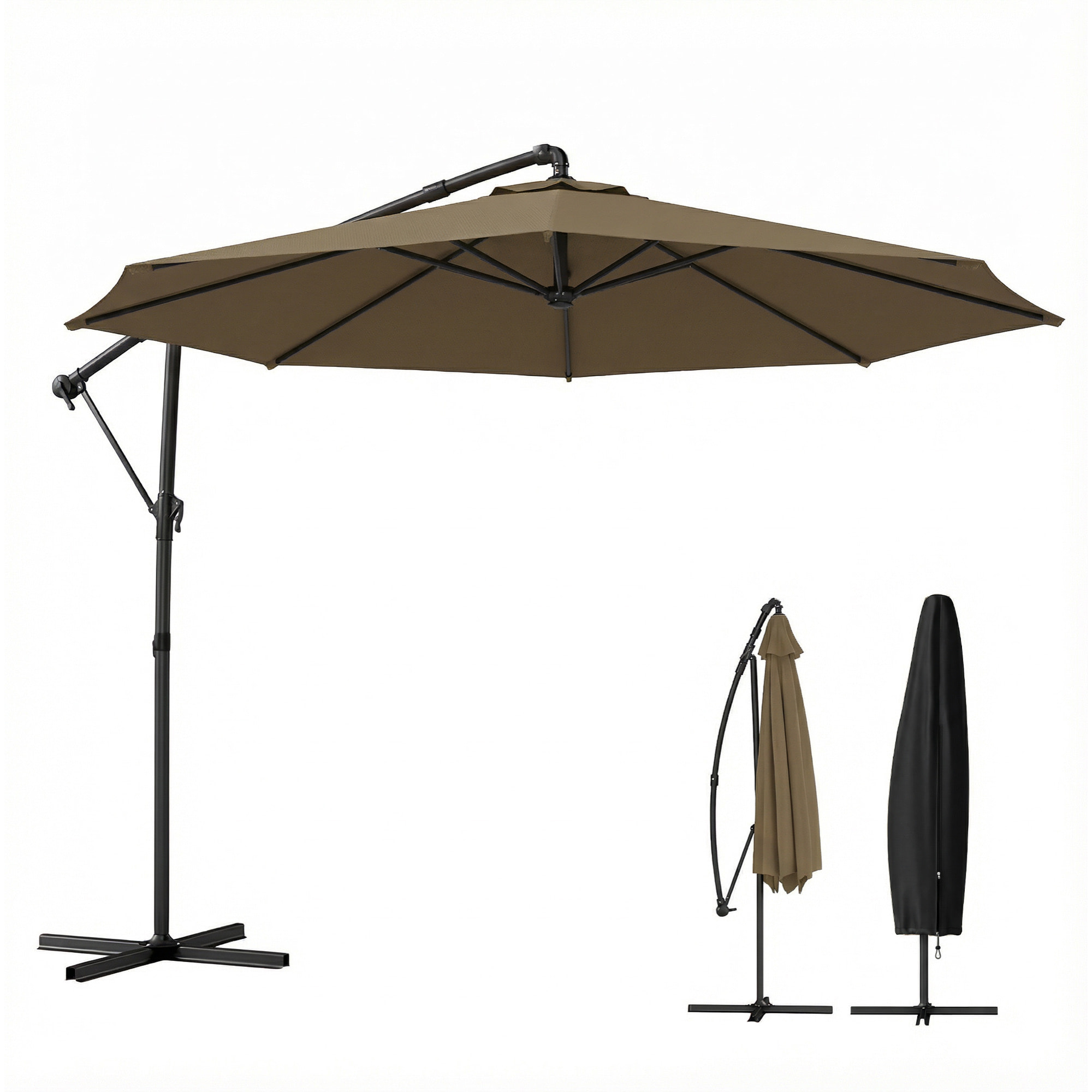 Parasol déporté pivotant inclinable 3 x 3 m métal polyester kaki