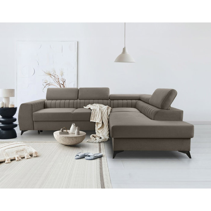Aneta - canapé d'angle droit 5 places - convertible avec coffre et têtières - en velours - Taupe