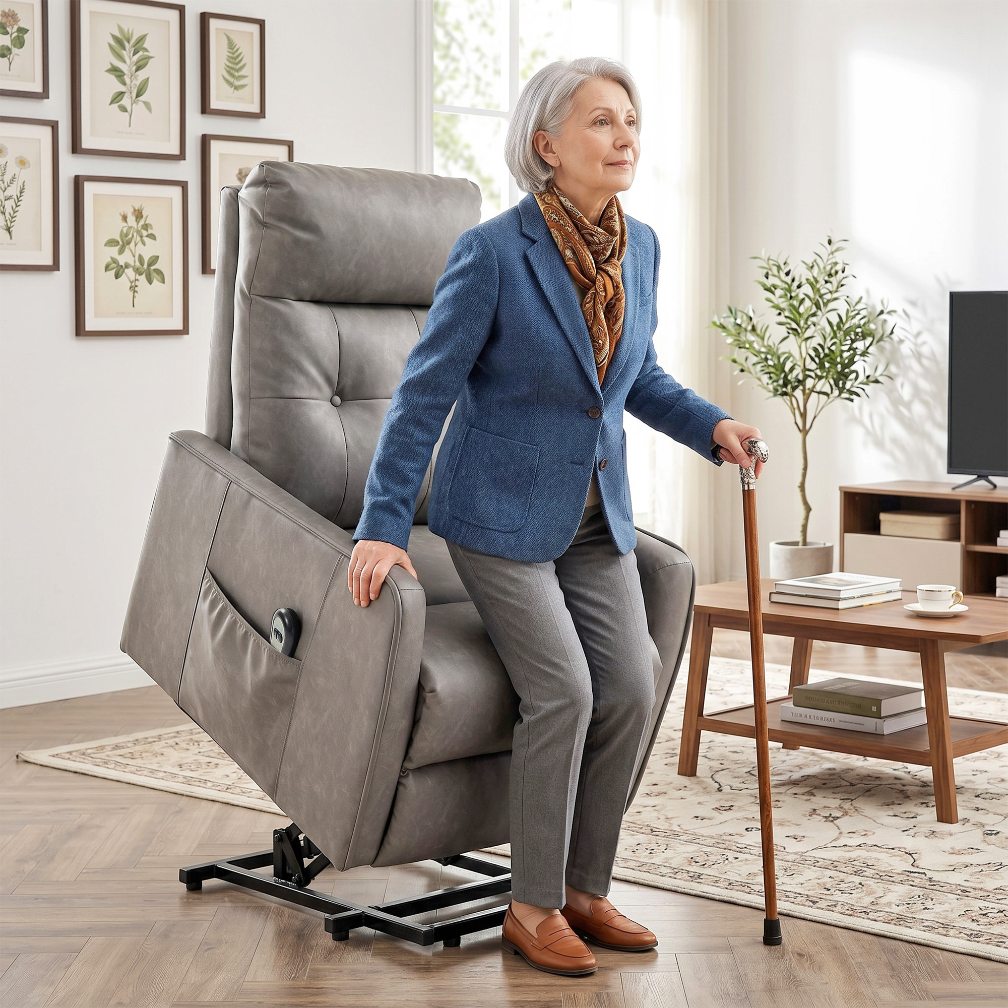 HOMCOM Sillón Relax Reclinable Eléctrico Levanta Personas, Tapizado en Cuero PU, Sillón Elevador con Control Remoto, Asiento de Muelles, Reposapiés, Respaldo Alto, Bolsillos Laterales, Gris Oscuro