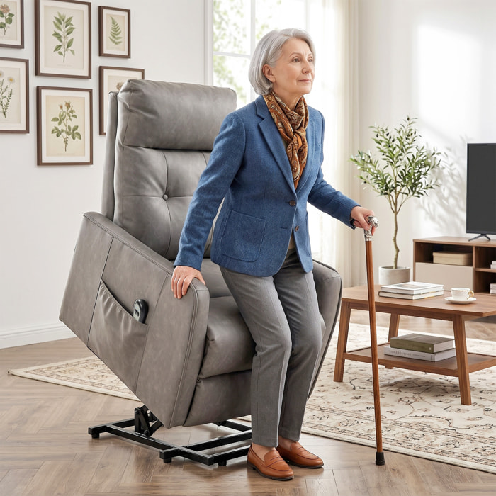 HOMCOM Sillón Relax Reclinable Eléctrico Levanta Personas, Tapizado en Cuero PU, Sillón Elevador con Control Remoto, Asiento de Muelles, Reposapiés, Respaldo Alto, Bolsillos Laterales, Gris Oscuro