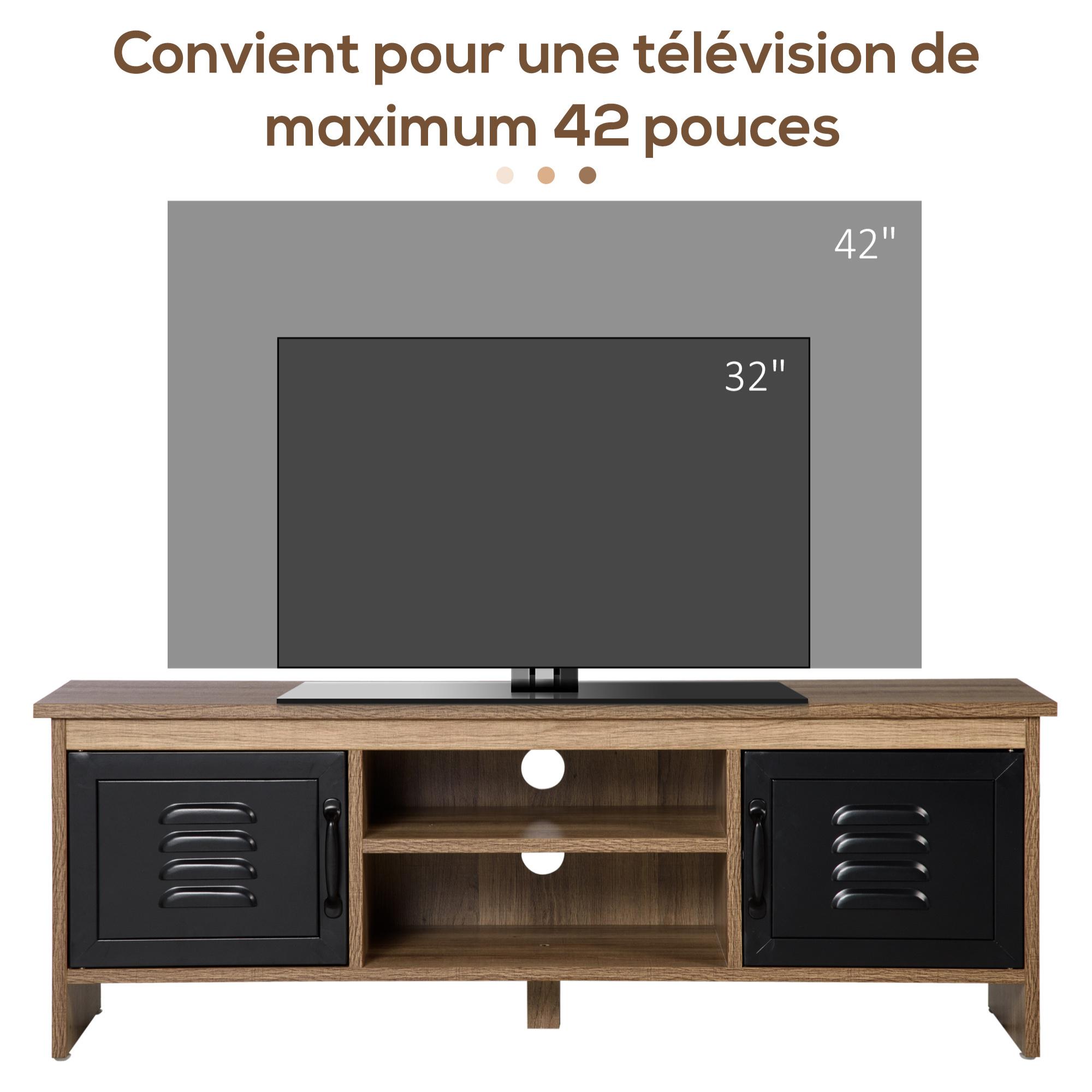 Meuble TV banc TV design industriel - 2 placards, 2 niches, 2 passe-fils - panneaux particules aspect bois veinage portes métal noir