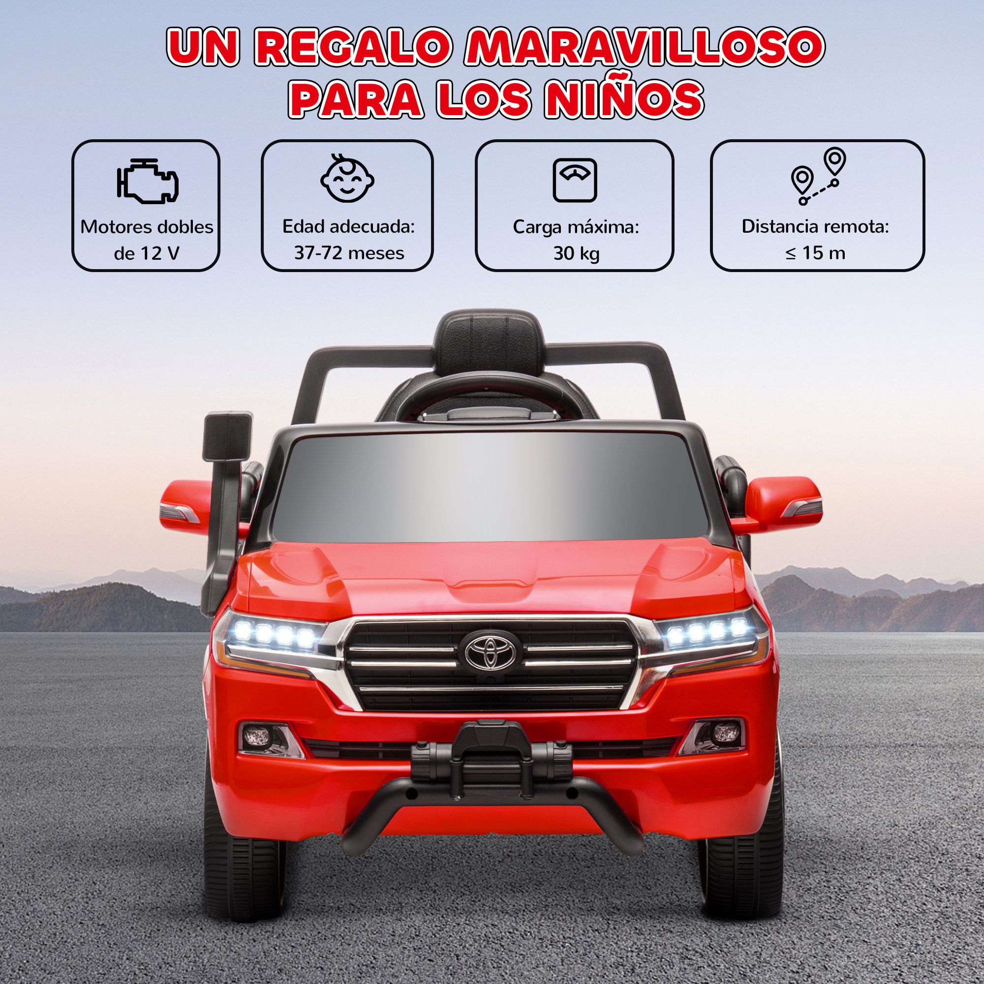 Coche Eléctrico para Niños de +3 Años Toyota LAND CRUISER Coche Eléctrico con Batería 12V Mando a Distancia Faros Bocina Arranque Suave y Música MP3 Rojo