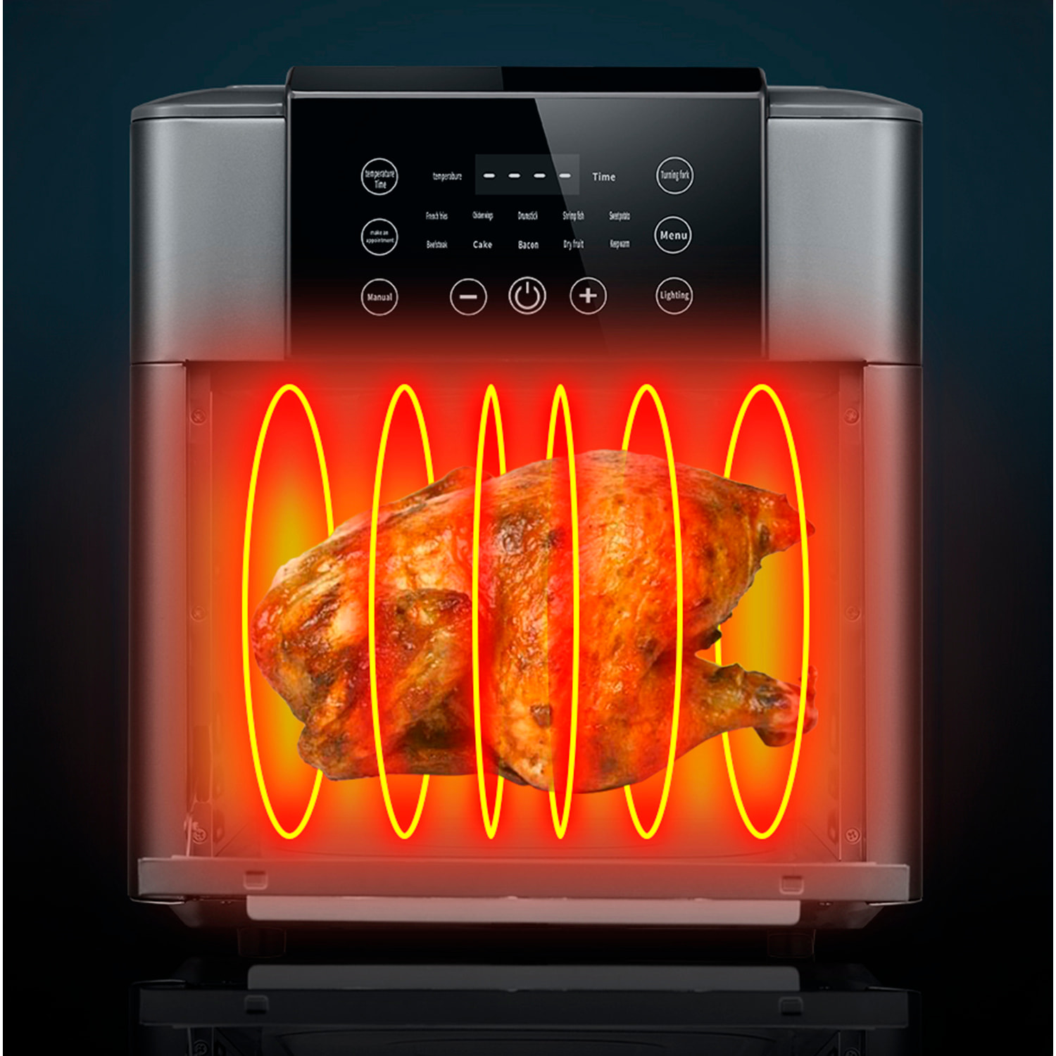 DAM Forno multifunzione Friggitrice ad aria 1350 W 12 litri di grande capacità con finestra di visualizzazione. Doppio vassoio, pannello touch e vano cottura a vapore. Colore nero