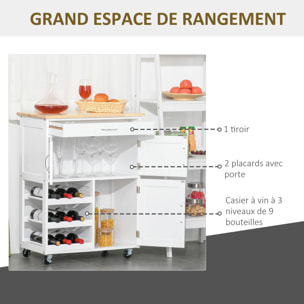 HOMCOM Desserte de cuisine multi rangements 2 placards tiroir casier 9 bouteilles MDF blanc plateau bois caoutchouc