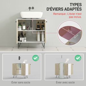 Meuble sous-vasque - 2 portes, étagère réglable - piètement épingle acier noir aspect bois clair blanc